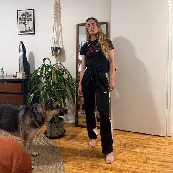 PUMA Black Sweatpants White Side Stripe with Orange Details - Picture 1 of 2